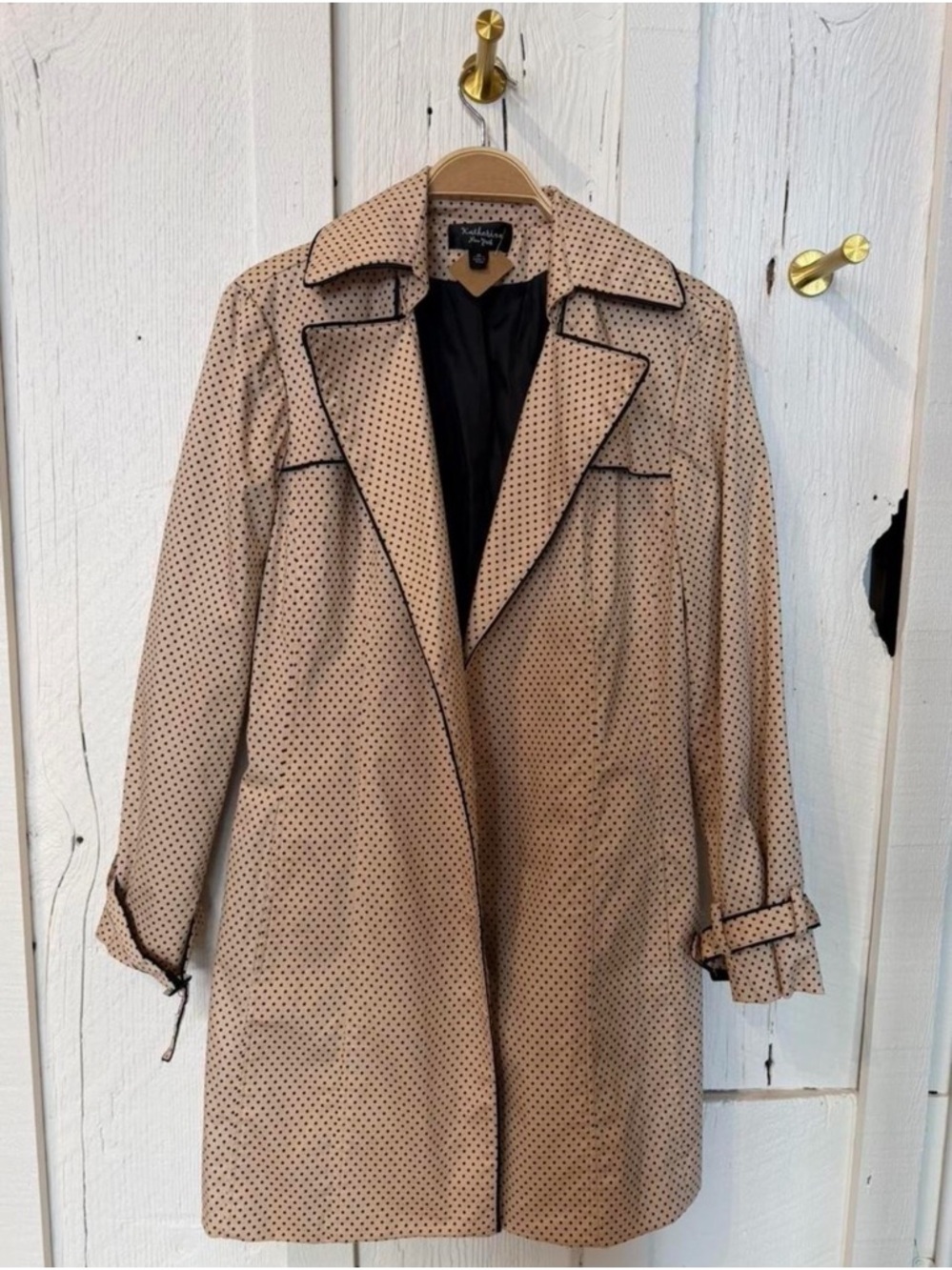Katherine Kelly Beige Polka Dot Trench Coat with Black Piping
